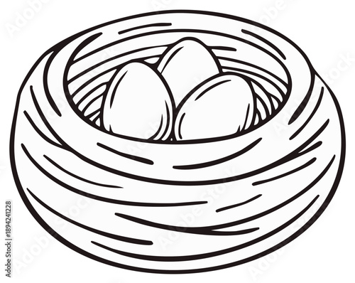 Simple Black and White Line Art Bird Nest Holding Three Eggs Incubation Concept