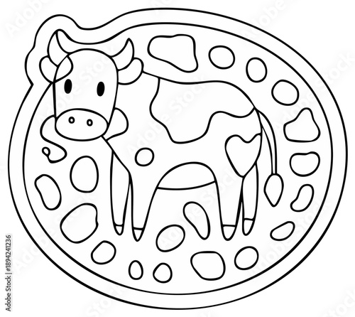 Cow Illustration Line Art in Circular Border Design