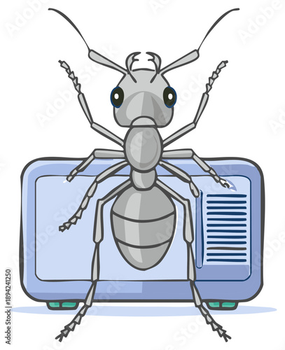 Cartoon Ant on Air Conditioner Illustration, Summer Heat, Insect Control Service