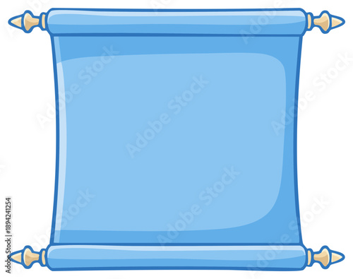 Cartoon illustration of a blank blue scroll with decorative ends