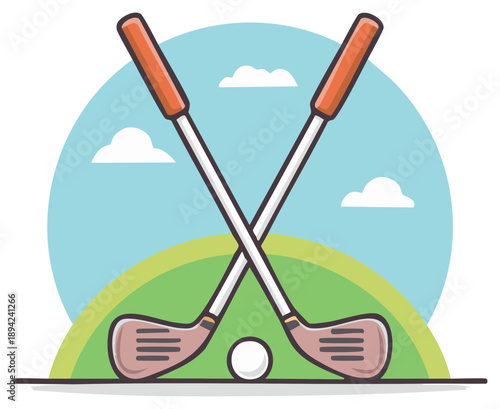 Two crossed golf clubs, golf ball, field, and sky create a golfing scene, vector illustration, cartoon sport concept