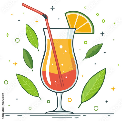 Vibrant Tropical Cocktail with Citrus Garnish and Floating Leaves