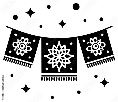 Festive pennant banner illustration, decorative hanging flags with flower and star designs.