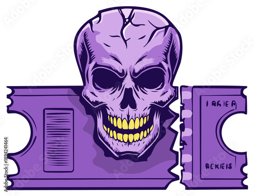 Scary purple skull tearing through a torn admission ticket for a Halloween or horror event