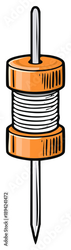 Cartoon illustration of a sewing pin with orange thread spool for crafting and textile work