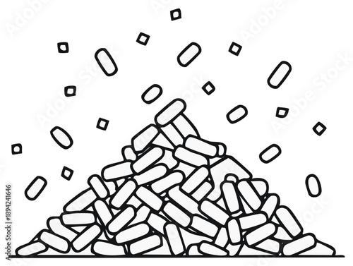 Line art illustration of abstract geometric shapes falling onto a growing pile