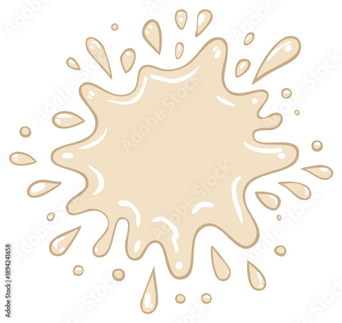 Hand-drawn cartoon beige liquid splash with droplets and abstract paint splatters