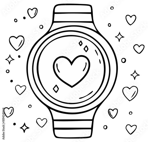 Hand-drawn smartwatch displaying a heart icon surrounded by sparkling hearts and stars, symbolizing health and love