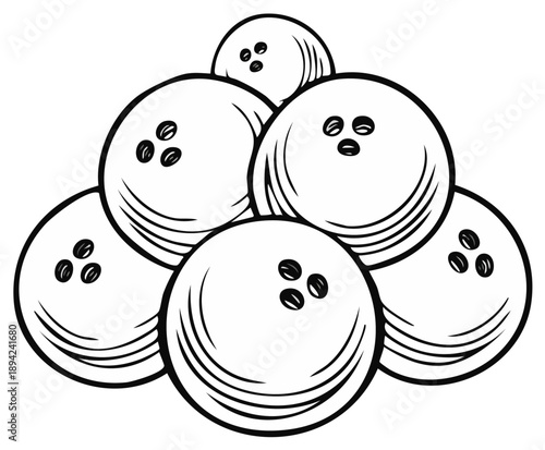 Graphic black and white line art illustration of a pyramid stack of bowling balls