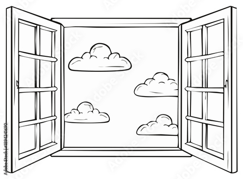 Open window frame looking out to cartoon clouds in simple line art style
