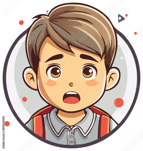 Surprised Boy Cartoon Illustration with Backpack in a Decorative Circle