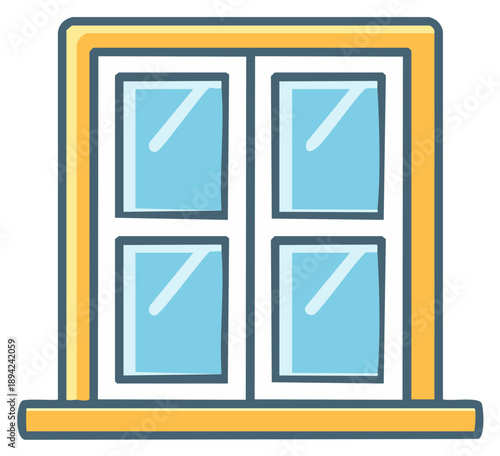Bright cartoon window with yellow frame white sashes and blue glass panes icon