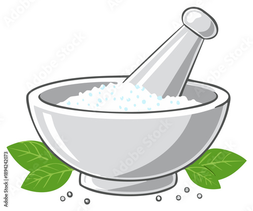 Mortar and pestle grinding white powder with green leaves for alternative herbal medicine and organic food