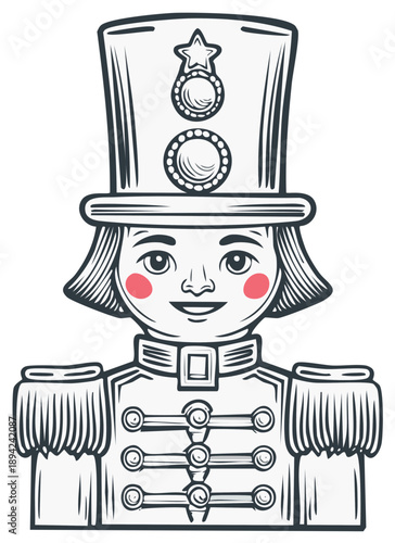 Stylized drawing of a smiling nutcracker soldier with a tall hat and bright rosy cheeks.