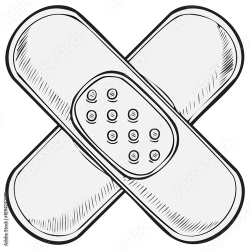 Sketched Cross Bandages Illustration: Black Outline of Adhesive Plasters for Healthcare First Aid