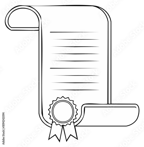 Vintage parchment scroll with official seal and ribbon line art for a diploma or certificate