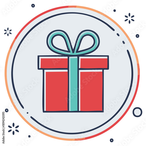 Vibrant Red Gift Box with Teal Ribbon and Festive Dots Inside a Circle