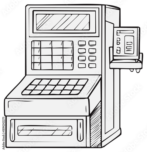 Hand-drawn sketch of a ticket dispensing machine with multiple buttons and a screen