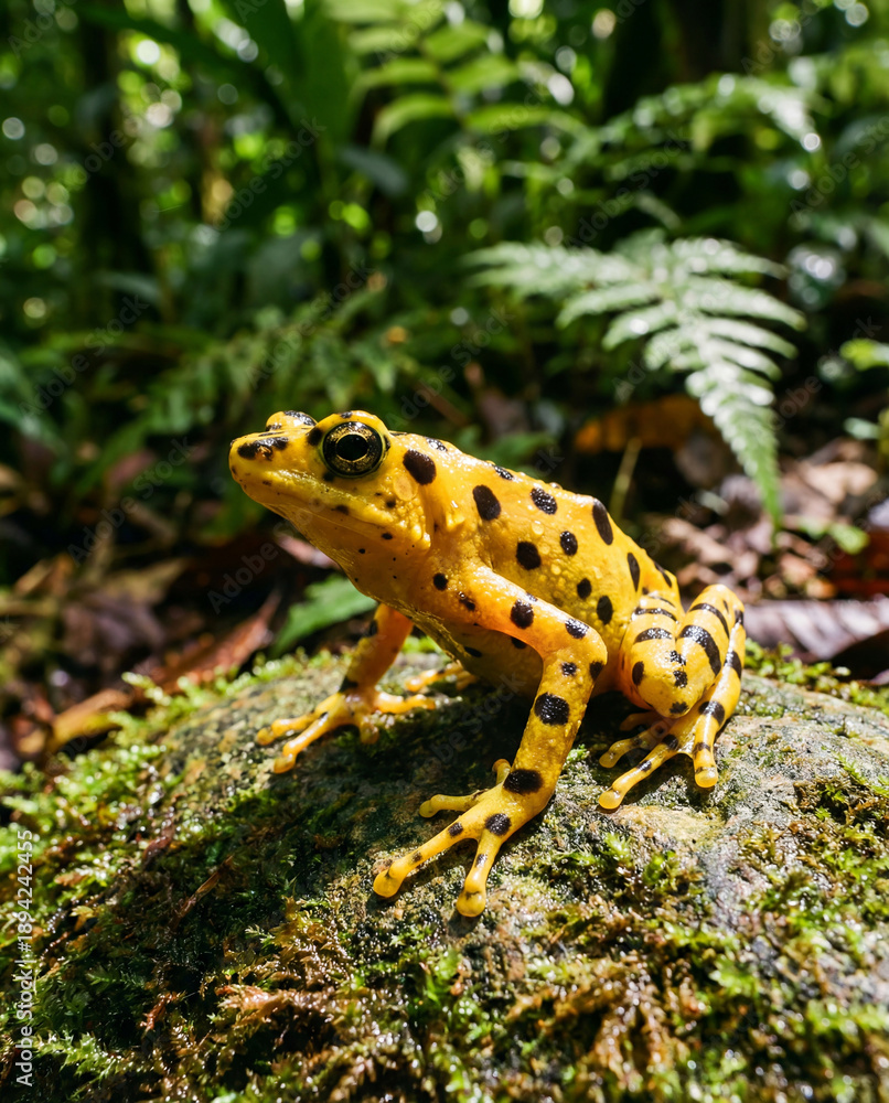 Fototapeta premium Vibrant yellow golden frog with black spots perched on a mossy rock in a tropical forest