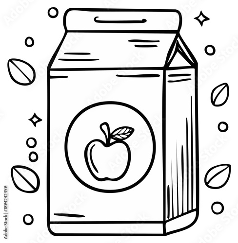 Hand drawn apple juice carton in a simple doodle style. Black and white vector illustration.