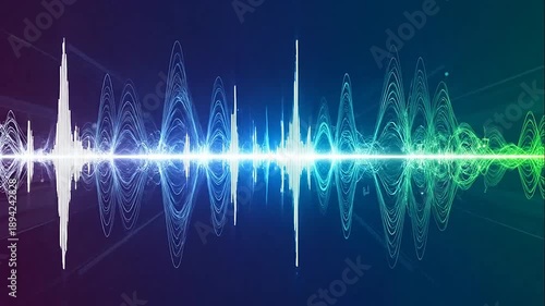 Abstract digital sound wave equalizer with vibrant blue and green lines on a dark background, representing dynamic audio visualization.