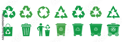 Recycle silhouette icon set, ecology environment protection, reusable shopping bag, green circular arrows, waste bin management, and more vector illustration with editable stroke.