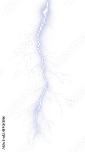 Vertical purple lightning bolt strike isolated. Electric storm discharge with violet glow, high voltage energy flash for design overlay.
