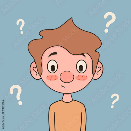 cute hand drawn cartoon character little boy confused with question mark funny concept vector illustration isolated on blue background