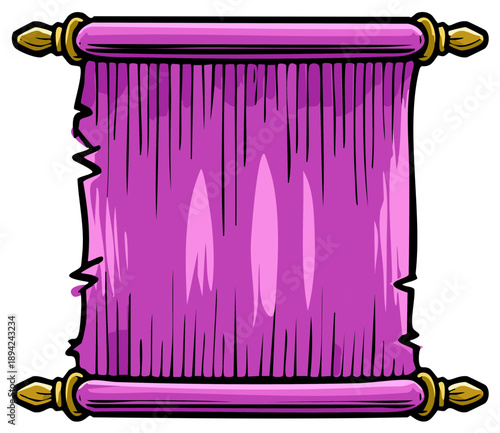 Vintage purple scroll with ornate gold rollers and torn edges, ancient parchment for magical spells or important decree