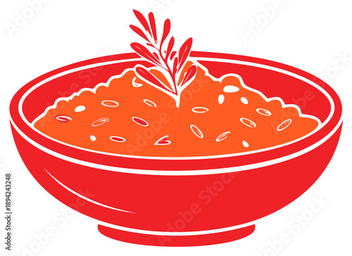 Stylized bowl of savory grain dish with an orange tint and a garnish of red leaf sprigs. Vegetarian food