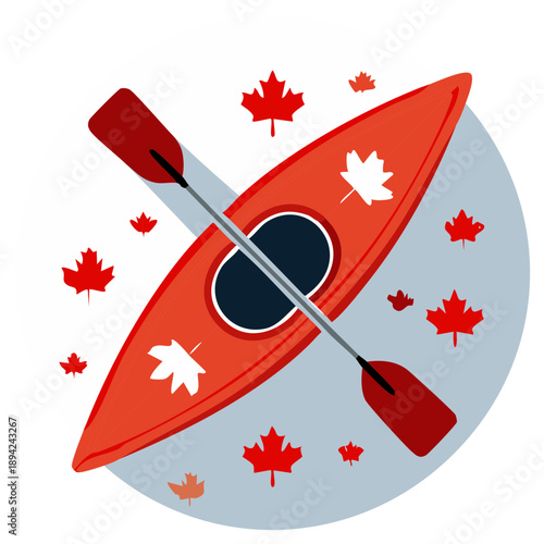 Orange Kayak with Paddle and Maple Leaves Floating Concept Illustration