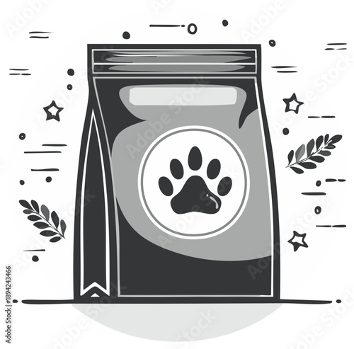 Hand drawn pet food bag with a paw print logo in a black and white sketch style illustration