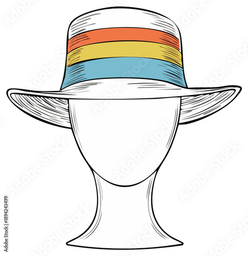 Stylized drawing of a hat with colorful bands on a mannequin head