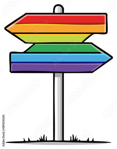 Bright Rainbow Arrow Signs Pointing Different Directions on Post near Grass