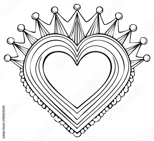 Sacred Heart with Crown Outline Illustration Black and White Religious Symbol Icon