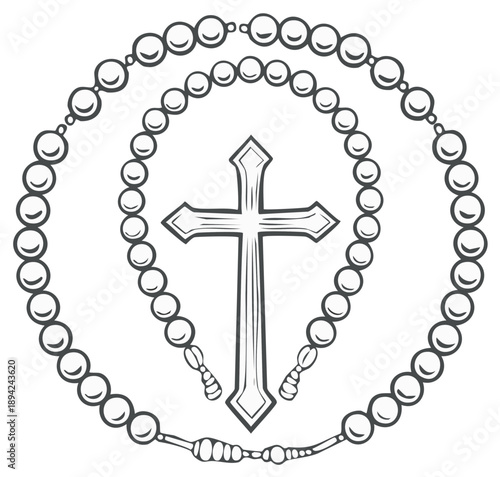 Religious Catholic rosary beads and crucifix cross in a monochrome line art drawing