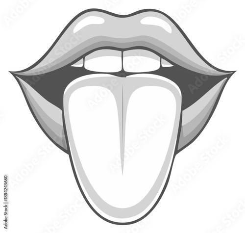 Detailed illustration of a pair of stylized lips sticking out a tongue in grayscale