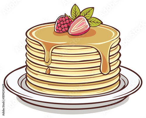Stack of Pancakes Drizzled with Syrup Topped with Fresh Berries on Plate. Vector Cartoon Illustration.