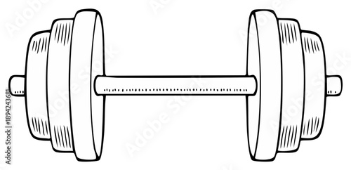Black and white cartoon illustration of a dumbbell for gym and workout concepts