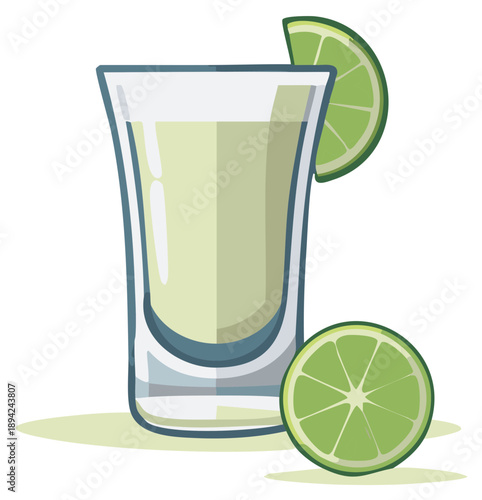 Refreshing clear tequila shot glass garnished with vibrant lime slices and wedge a popular alcoholic beverage