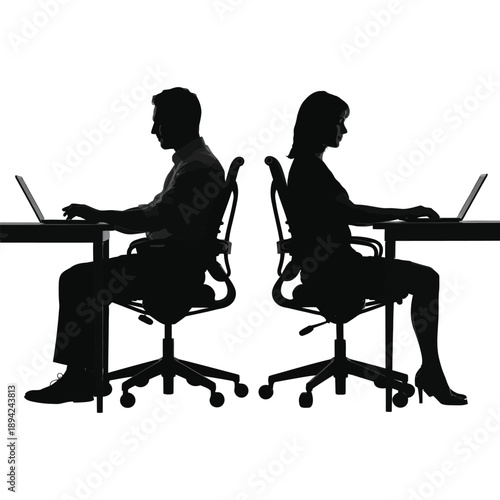 Vector silhouettes of a woman using a laptop and a young couple sitting together at a table in a cafe or office setting