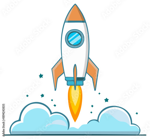 Cartoon rocket ship launching into space with fire and clouds illustration for a startup or new business project