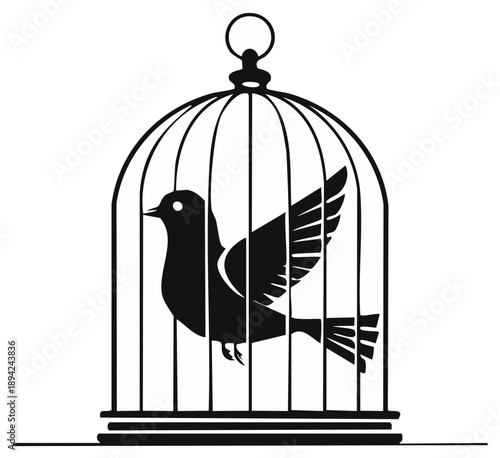 Birdcage with Bird Silhouette Seeking Freedom or Liberation Icon Clip Art