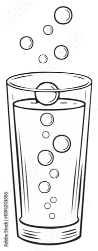 Black and white line art drawing of a tall clear glass filled with refreshing bubbly liquid and rising effervescent bubbles