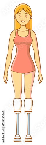 Cartoon woman with leg prosthesis standing upright, health and inclusion concept for amputee people