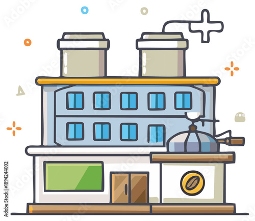 Coffee factory building illustration with large grinder for production and industry concept