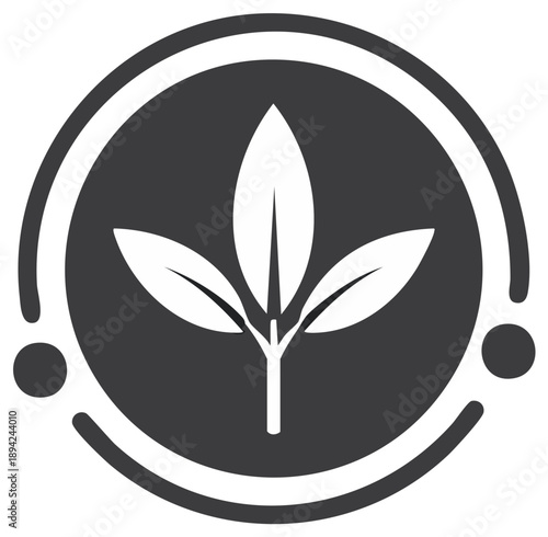 Monochromatic Circle Emblem with White Plant Sprout and Decorative Dots