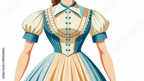 Very beautiful close-up of a contemporary American women’s dress influenced by vintage prairie fashion, highlighting soft cotton texture and minimal modern design isolated on white background.