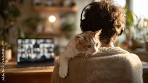 Remote worker with cat on shoulder during video call