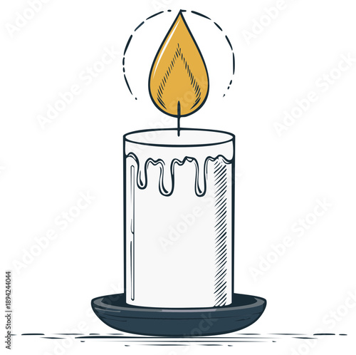 Lit candle on plate with melting wax vector illustration, warm ambiance symbol hand drawn design with burning flame